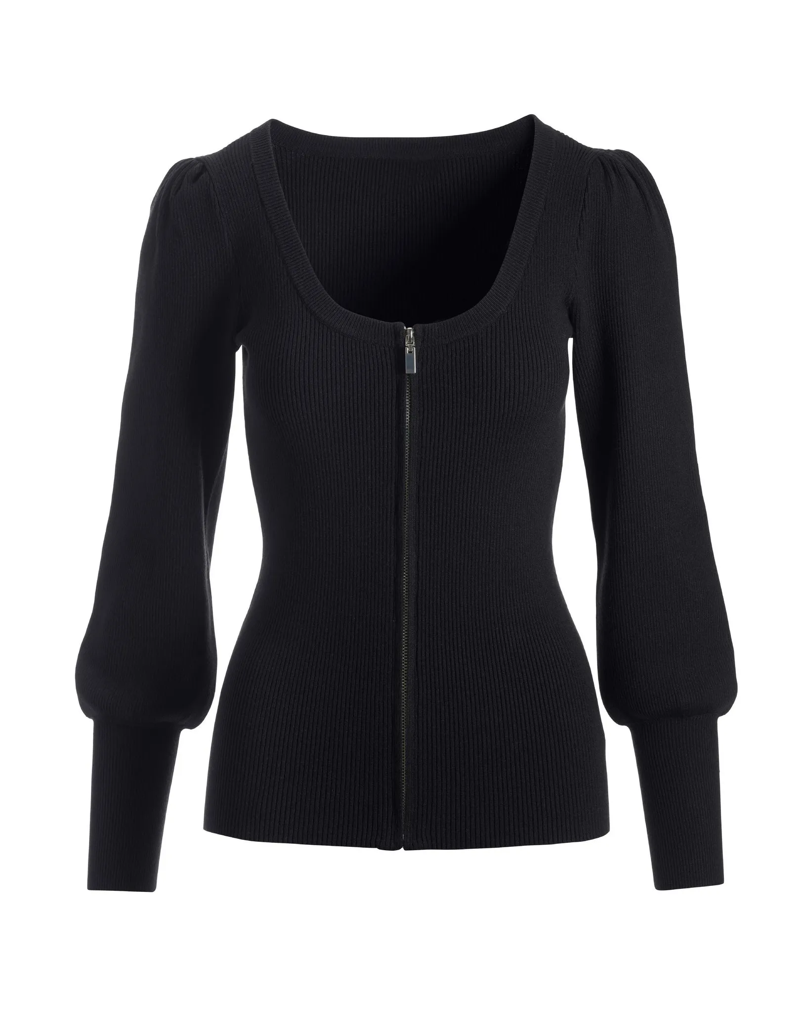 Ribbed Scoop-Neck Zip-Up Cardigan Black sold by Boston Proper product image thumbnail 2