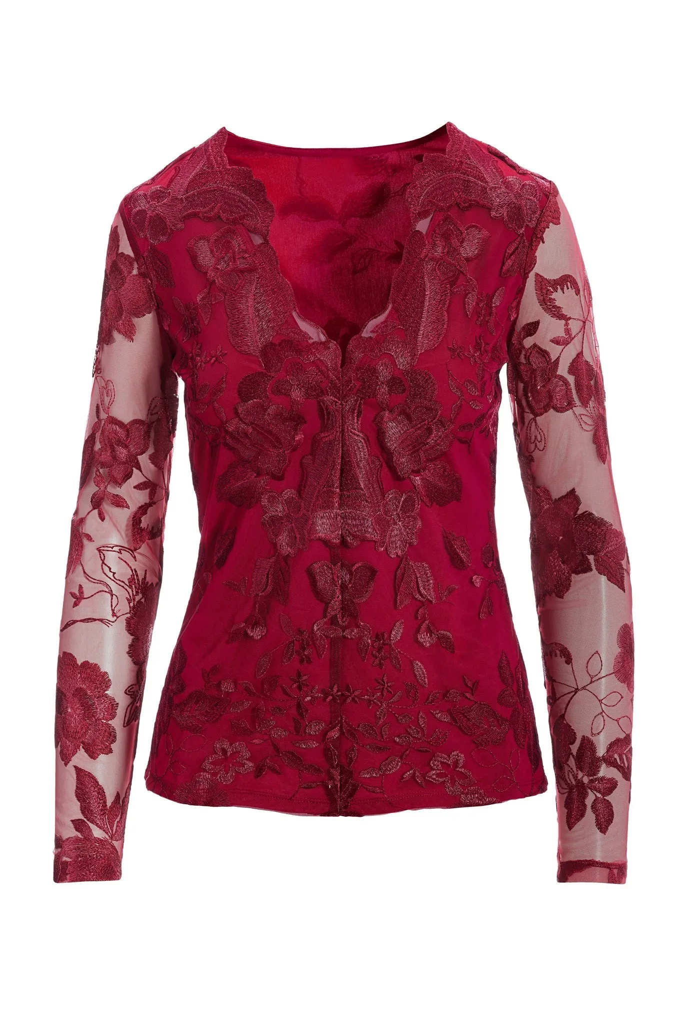 Scallop Embroidered Lace Illusion Top Red sold by Boston Proper product image thumbnail 2