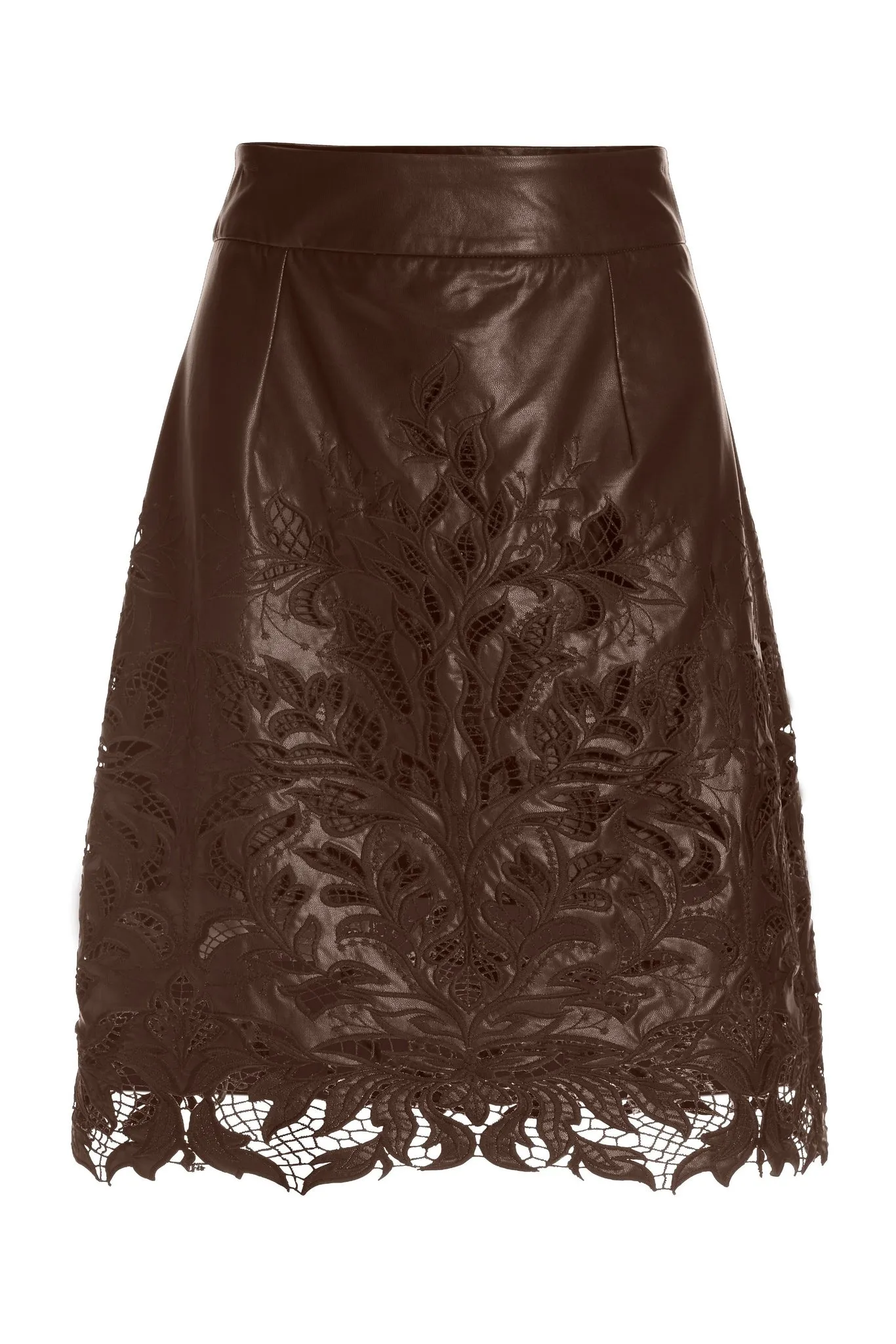 Embroidered Faux Leather and Lace Cut Out Skirt Chocolate sold by Boston Proper product image thumbnail 2