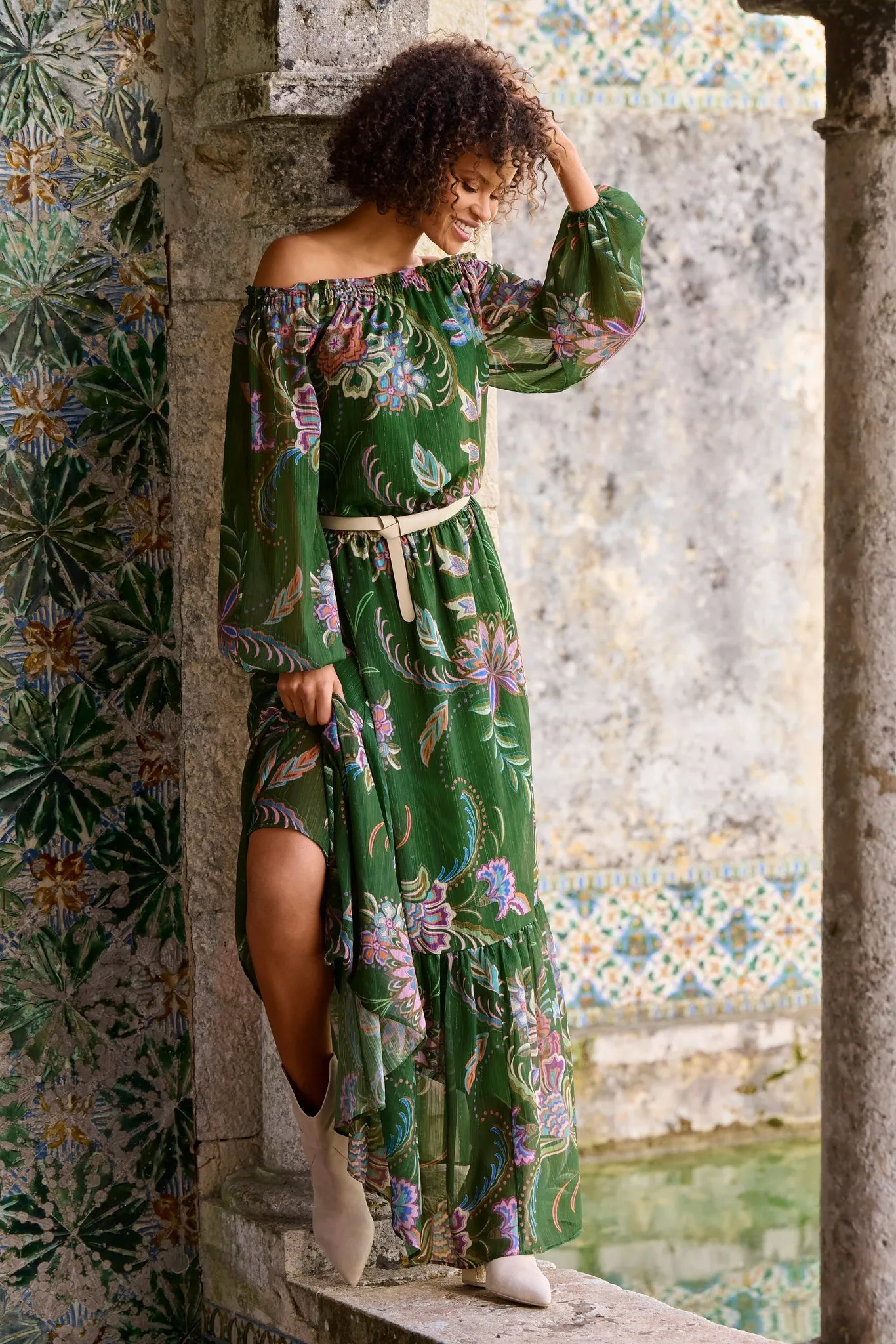 OTS Scrolling Fleurs Tiered Maxi Green sold by Boston Proper