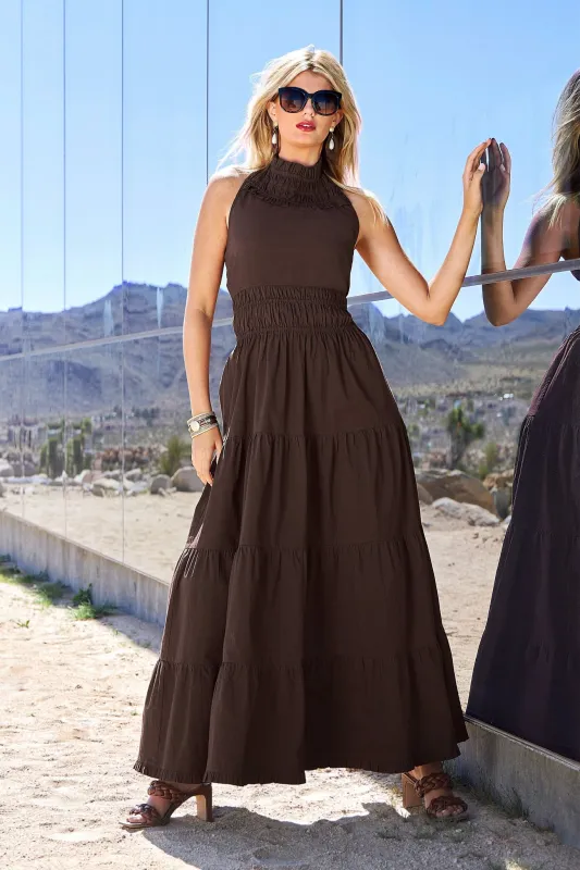 High Neck Poplin Maxi Safari Brown made by Boston Proper