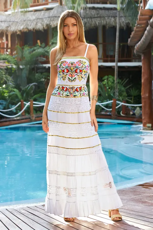 Sequin and Embroidered Lace Inset Maxi White Multi made by Boston Proper