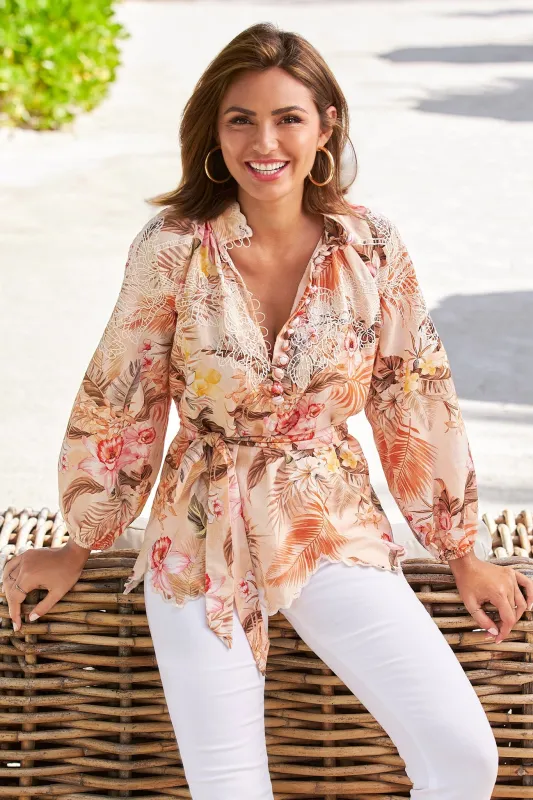 Ipanema Orchids Print Covered Button Linen Tunic Top Orange Multi sold by Boston Proper