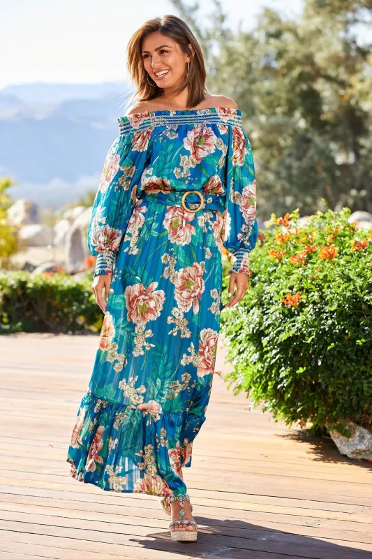 Floral Blooms OTS Belted Maxi Dress Blue Multi made by Boston Proper