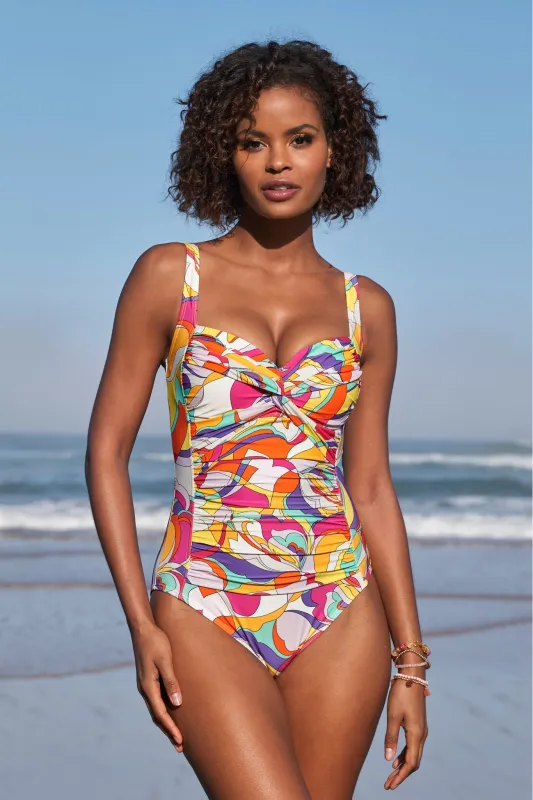SWIM SENSE SUNSET WAVES PRINTED TWIST FRONT ONE PIECE SWIMSUIT Multi made by Carmen Marc Valvo