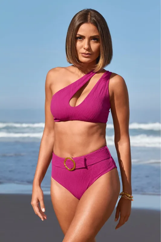 One Shoulder Cut Out Belted Bikini Magenta made by Boston Proper