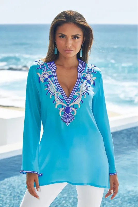 Embellished V Neck Resort Tunic Splash Blue made by Boston Proper