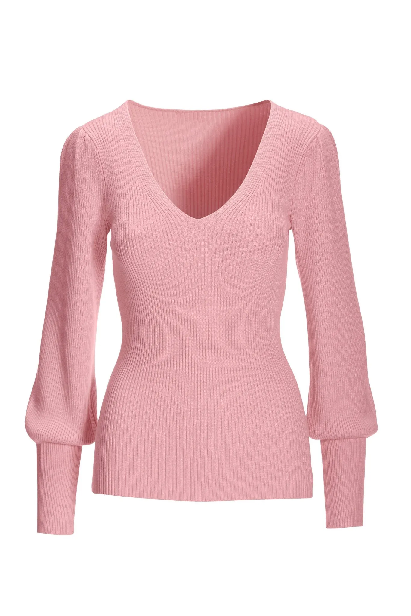 Rib Puff Sleeve V Neck Sweater Cherry Blossom sold by Boston Proper product image thumbnail 2