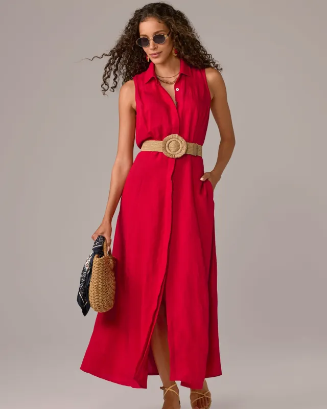 Sleeveless Linen Maxi Shirt Dress Tomato Red sold by Boston Proper