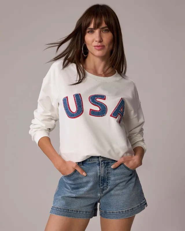 Crew Neck Long Sleeve USA Embroidered Sweatshirt Off White Multi made by Boston Proper