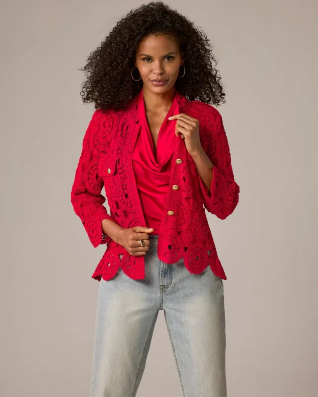 Crochet Three Quarter Sleeve Jacket Tomato Red made by Boston Proper