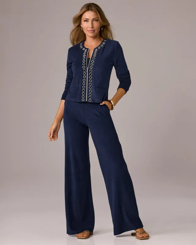 Grommet Detail Beach Terry Cardigan Pant Set Navy made by Boston Proper