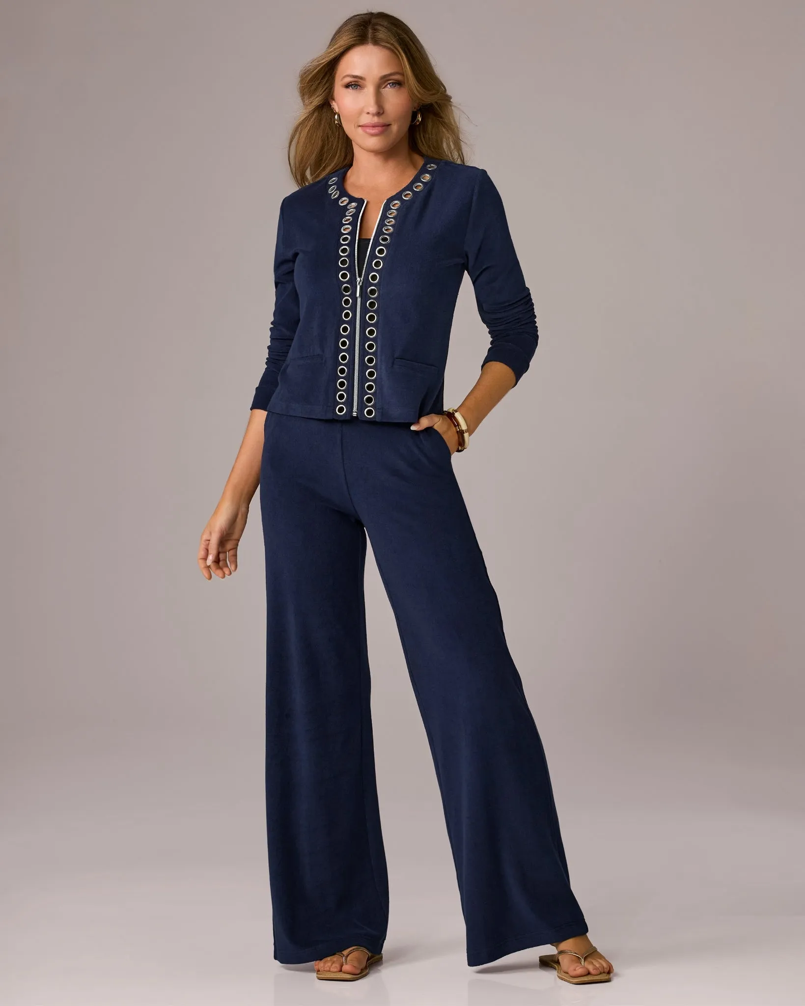 Grommet Detail Beach Terry Cardigan Pant Set Navy sold by Boston Proper