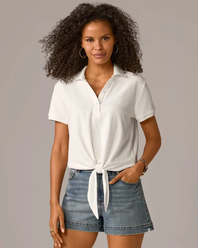 Tie Front Pique Polo Shirt Pure White sold by Boston Proper