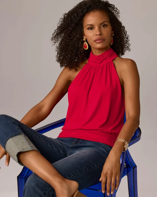 So Chic High Neck Blouson Knit Top Tomato Red sold by Boston Proper