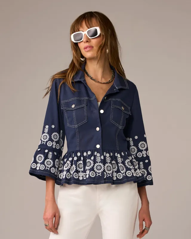 Eyelet Peplum Jacket with Flare Sleeve Navy made by Boston Proper