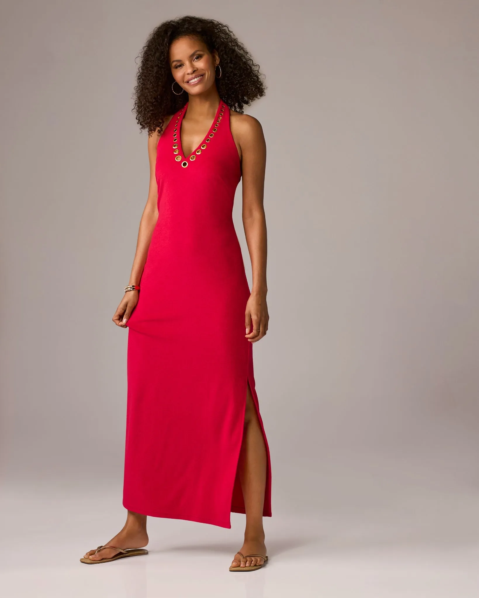 Beach Terry Grommet Detail Halter Maxi Dress Tomato Red sold by Boston Proper