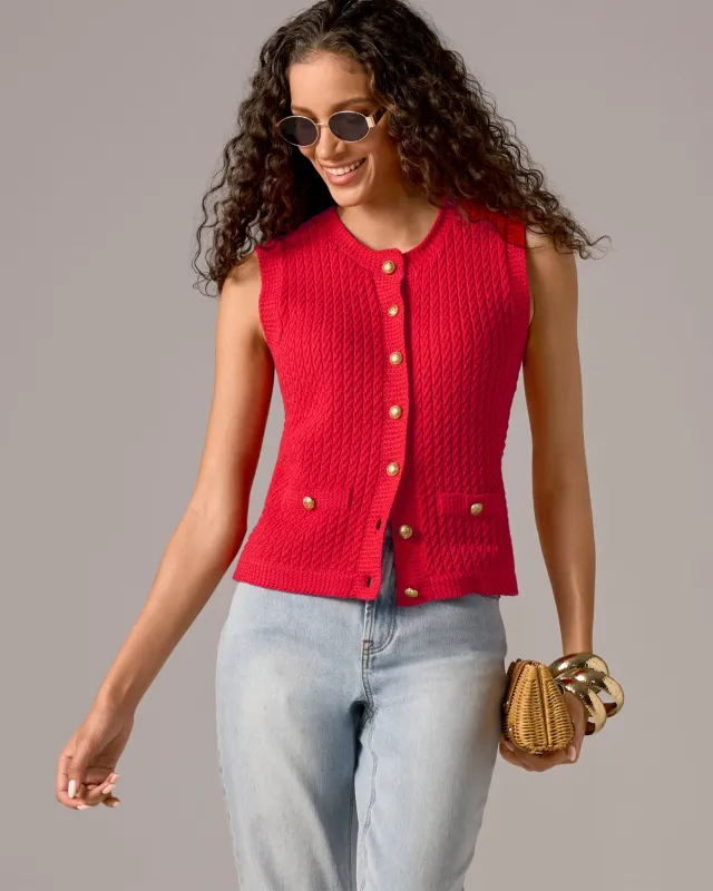 Sleeveless Textured Knit Button Front Sweater Tomato Red made by Boston Proper