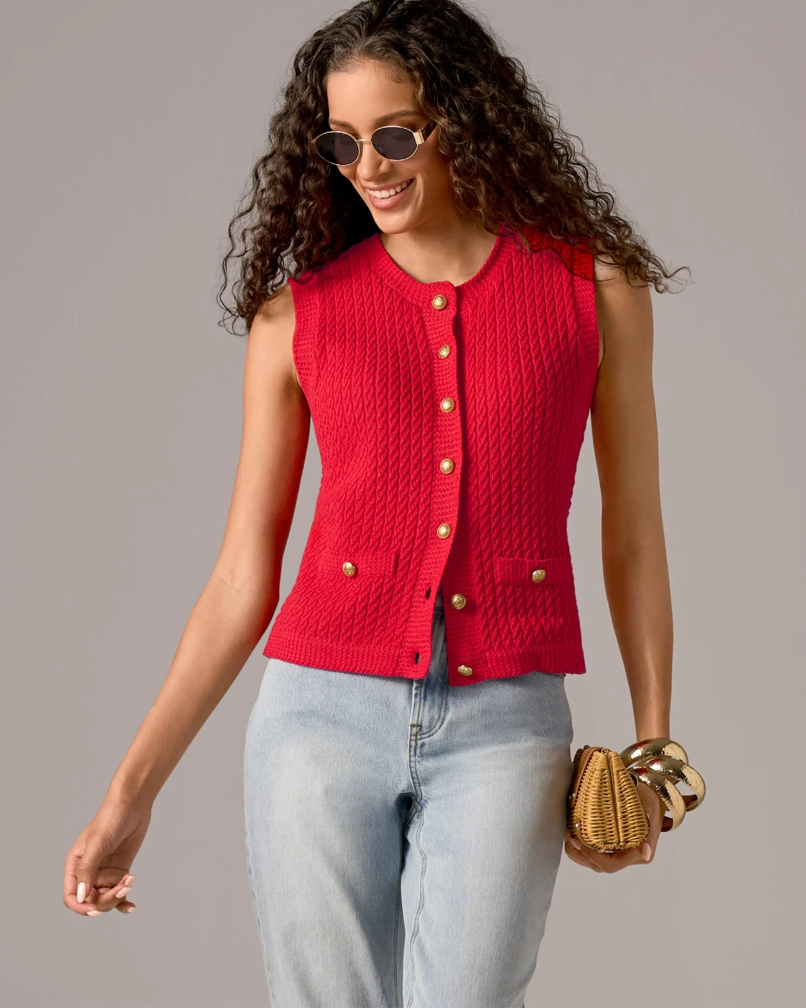 Sleeveless Textured Knit Button Front Sweater Tomato Red sold by Boston Proper