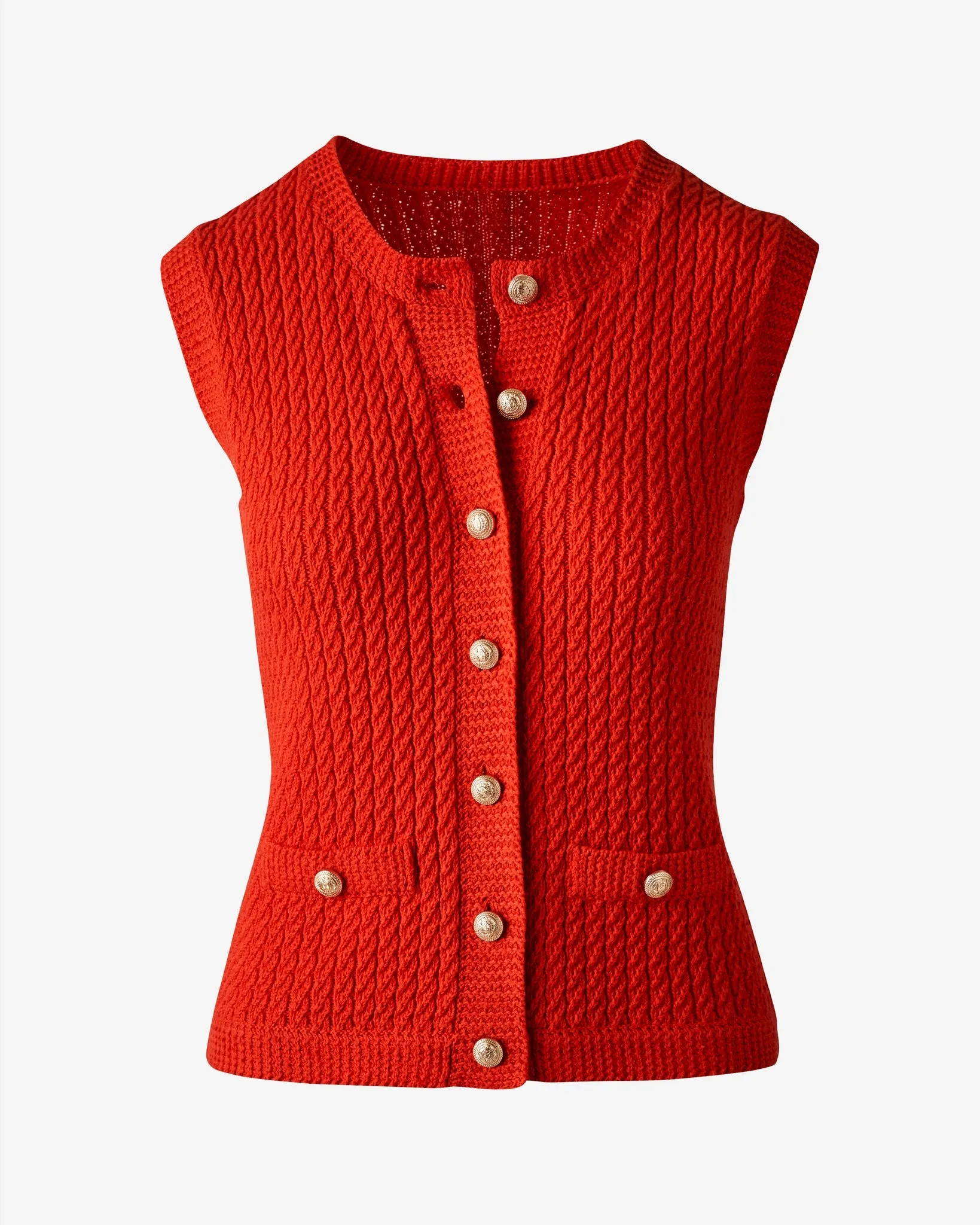 Sleeveless Textured Knit Button Front Sweater Tomato Red sold by Boston Proper product image thumbnail 2