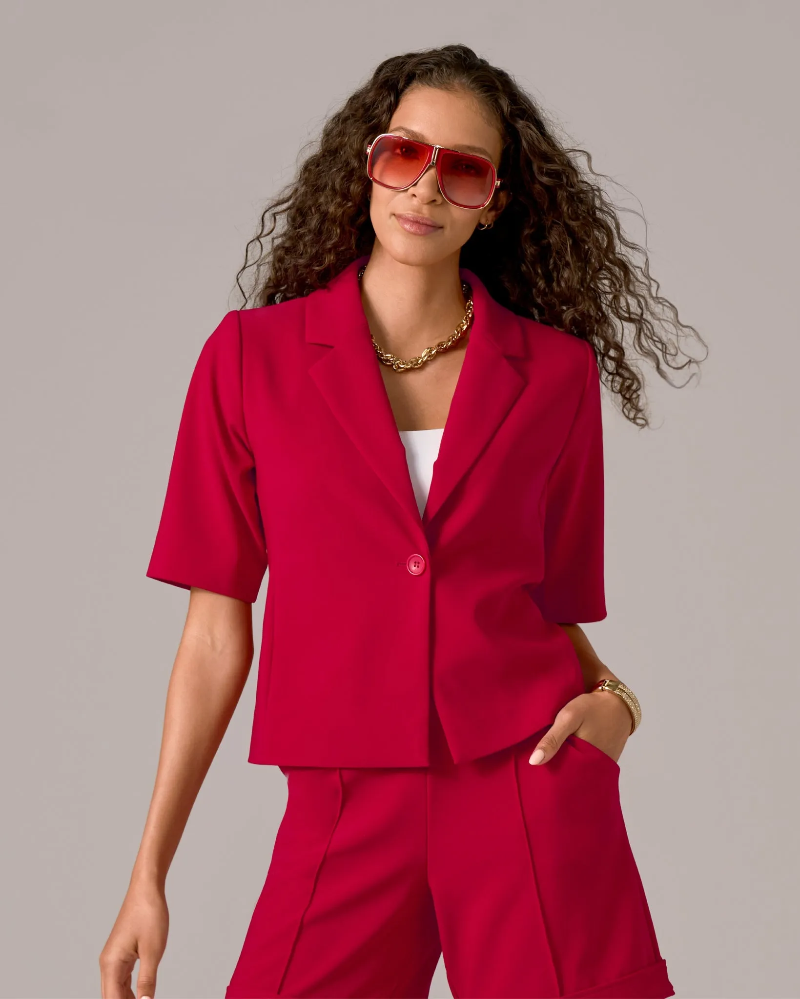 Beyond Travel Short Sleeve Blazer Tango Red sold by Boston Proper
