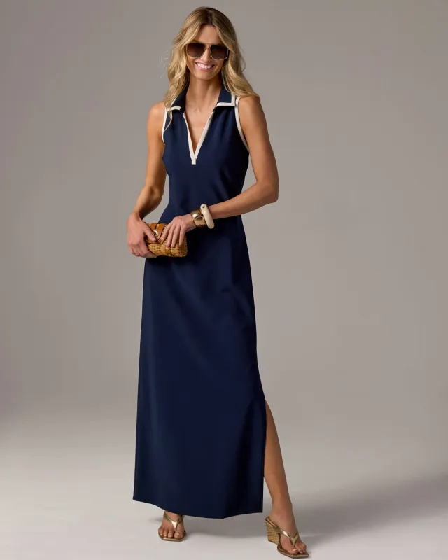 Beyond Travel Piped Collared Maxi Dress Maritime Navy/Ivory Coast made by Boston Proper
