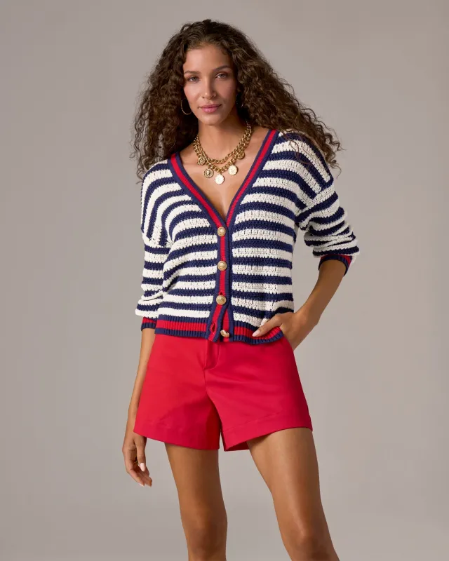 Contrast Trim Stripe Cardigan Navy/White sold by Boston Proper