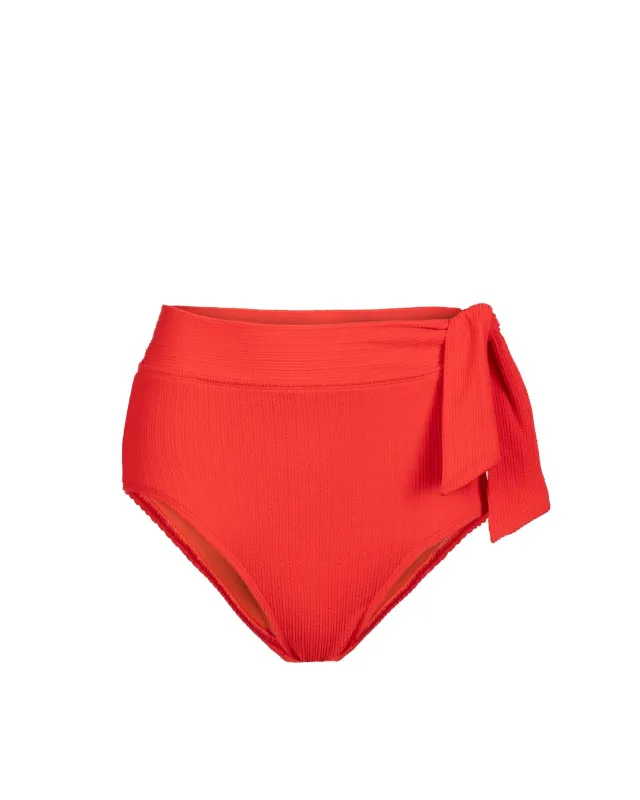 Side Tie High Waist Bottom In Guava Red Texture sold by Boston Proper