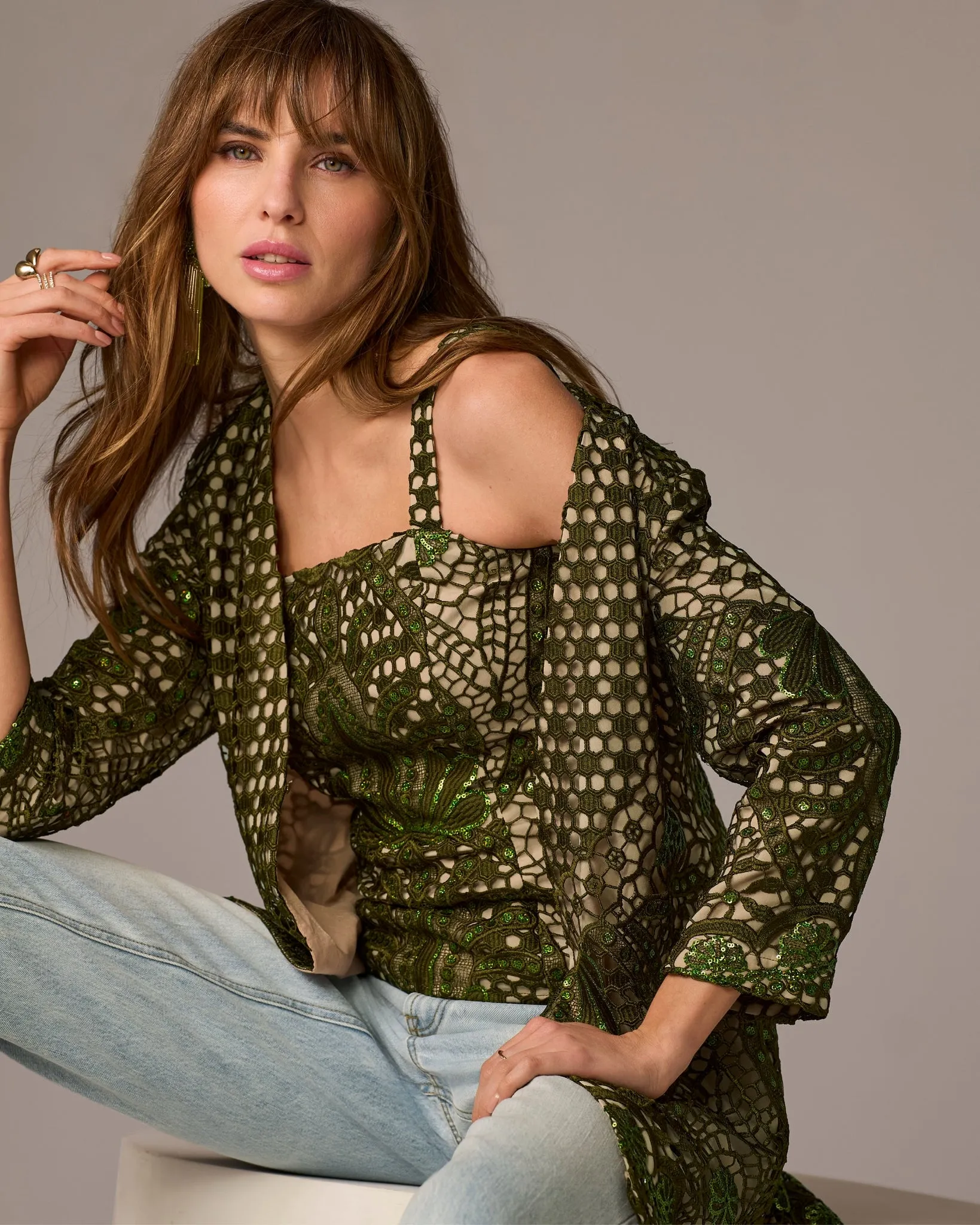 Eyelet 3/4 Sleeve Jacket Olive sold by Boston Proper