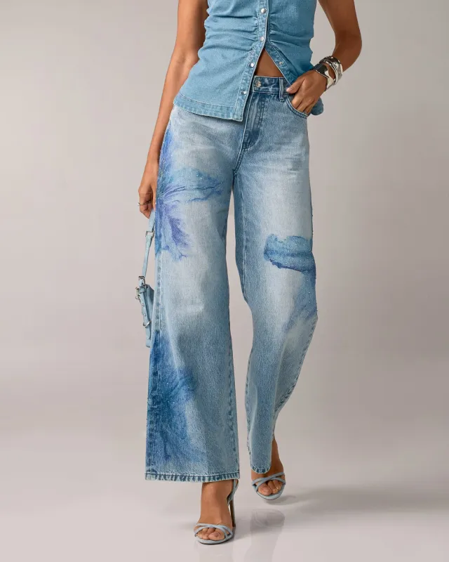 Wide Leg Floral Print Denim Jean Light Med Wash made by Boston Proper