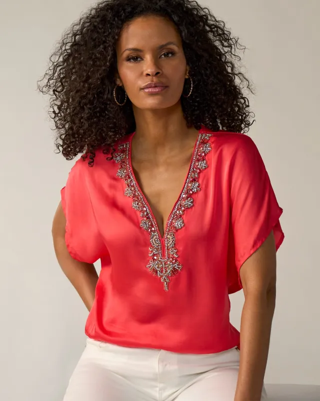 Charmeuse Embellished Short Sleeve Top Hibiscus made by Boston Proper
