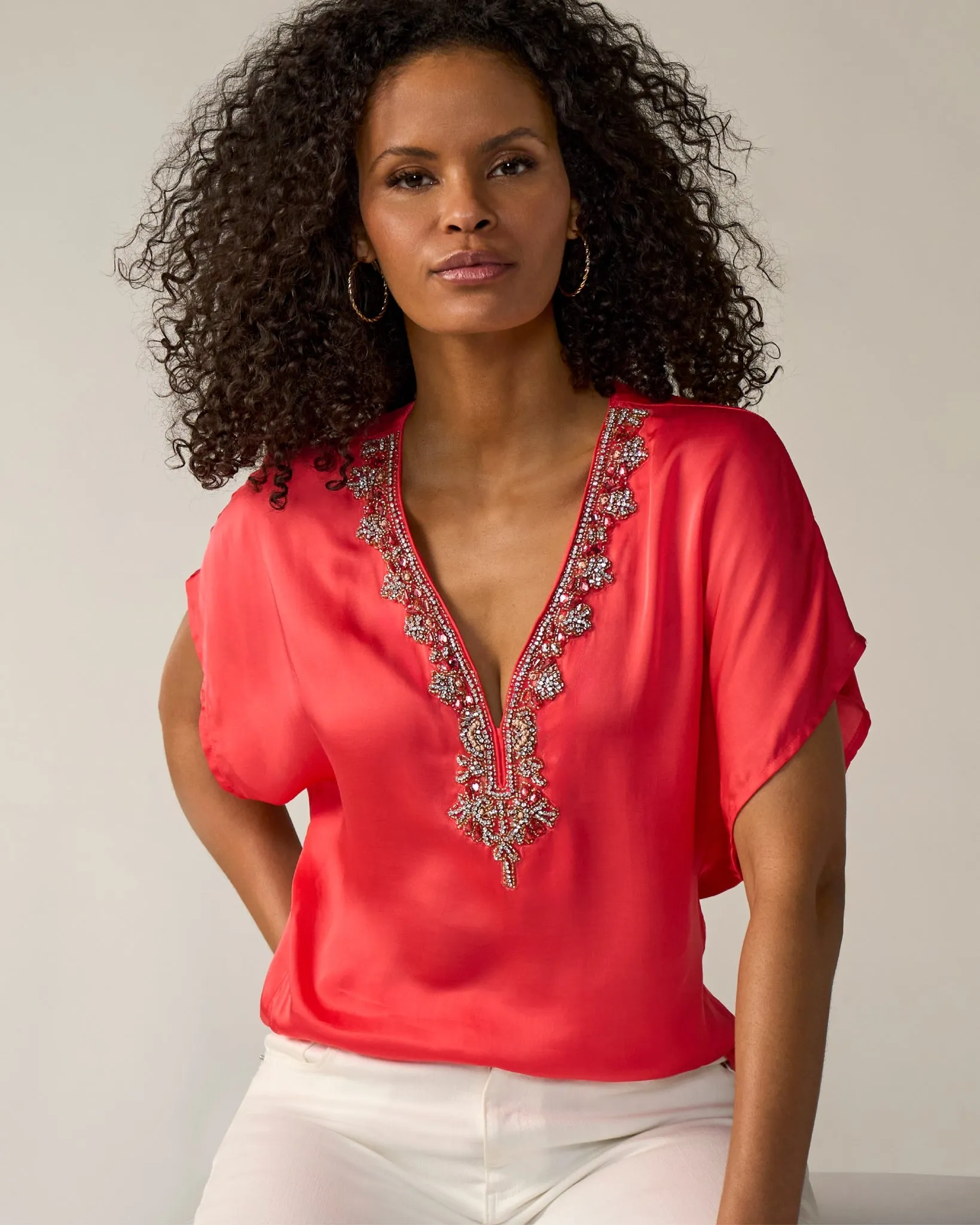 Charmeuse Embellished Short Sleeve Top Hibiscus sold by Boston Proper