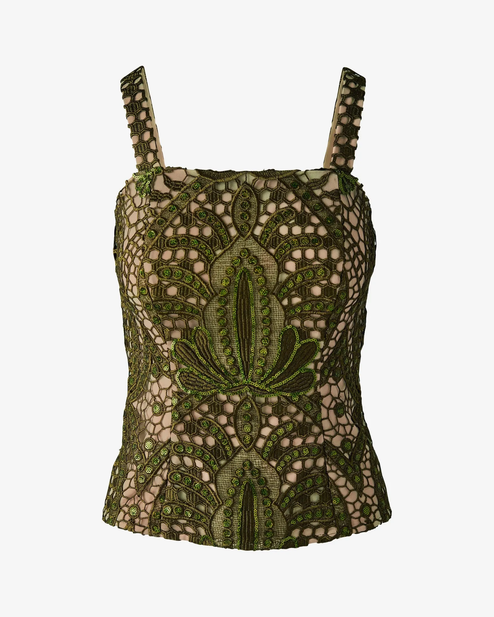 Tonal Sequin Embellished Lace Peplum Top Olive sold by Boston Proper product image thumbnail 2