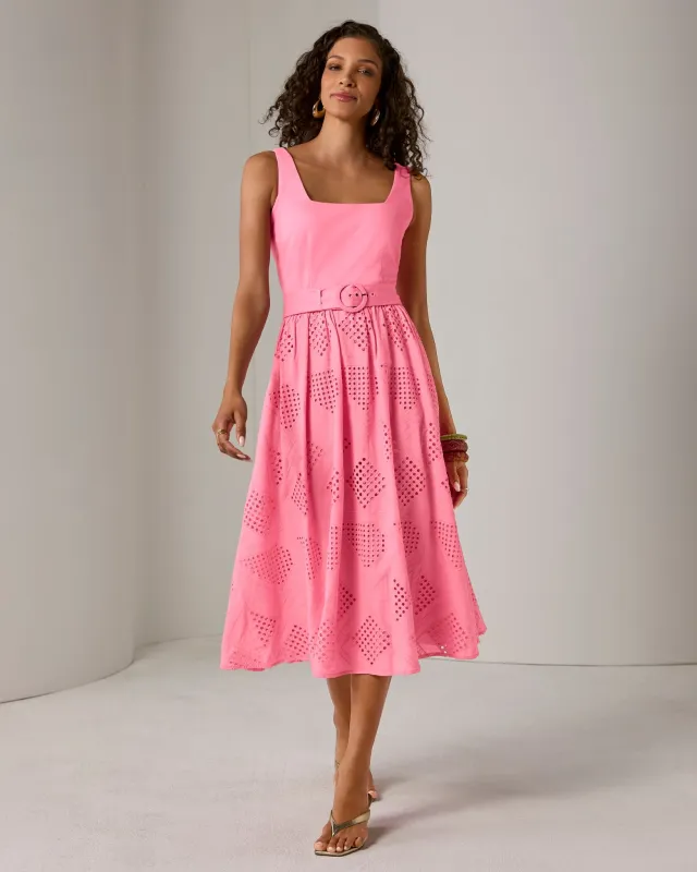 Belted Novelty Eyelet Midi Dress Sachet Pink made by Boston Proper