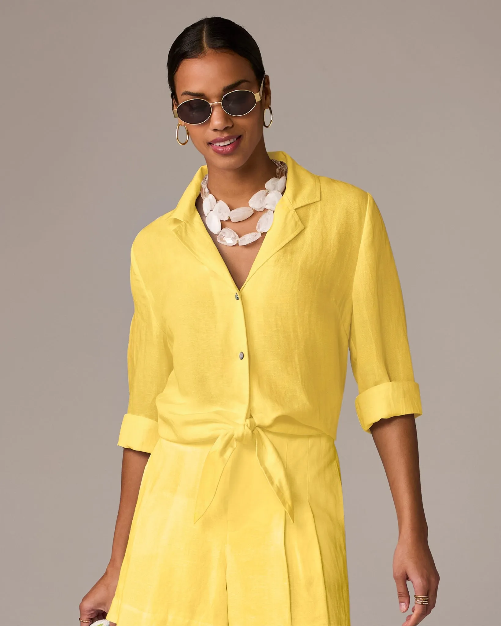 Linen Notched Collar Tie Front Shirt Lemon Drop sold by Boston Proper