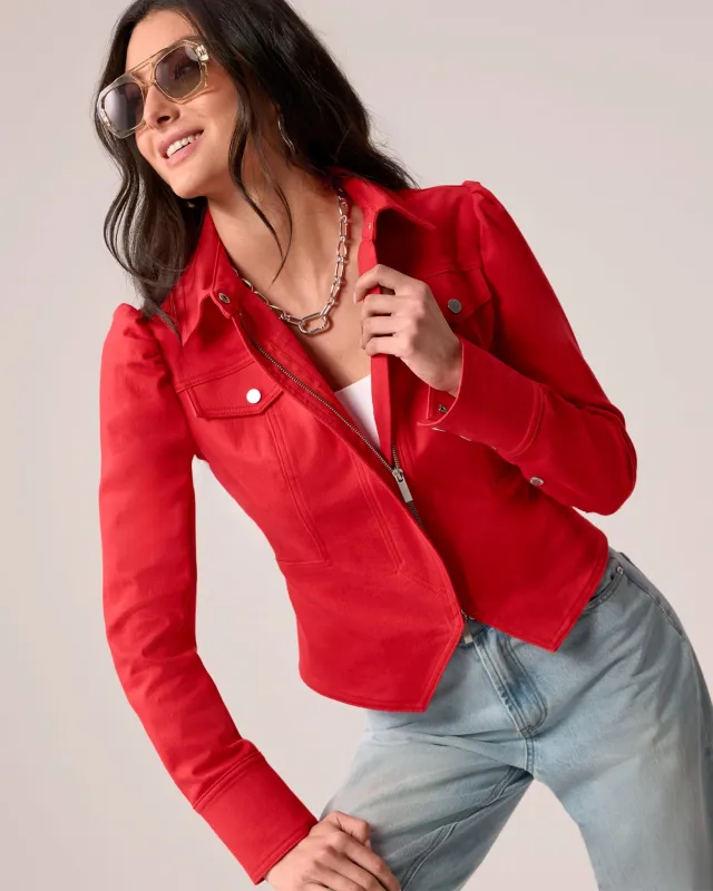 Puff Sleeve Denim Jacket Tomato Red made by Boston Proper