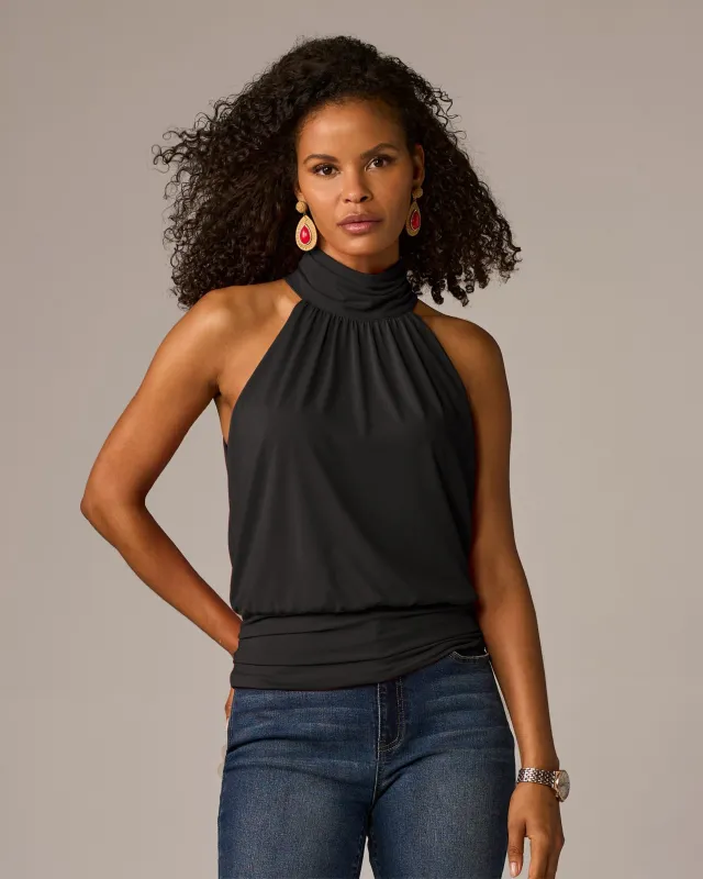 So Chic High Neck Blouson Knit Top Proper Black made by Boston Proper