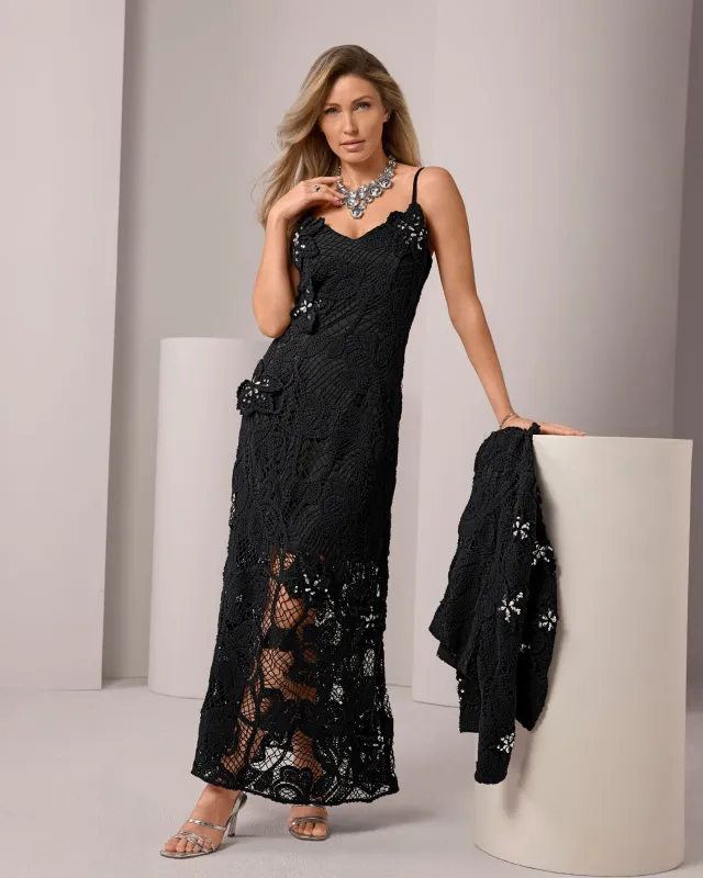 3D Floral Crochet Embellished Maxi Dress Black made by Boston Proper