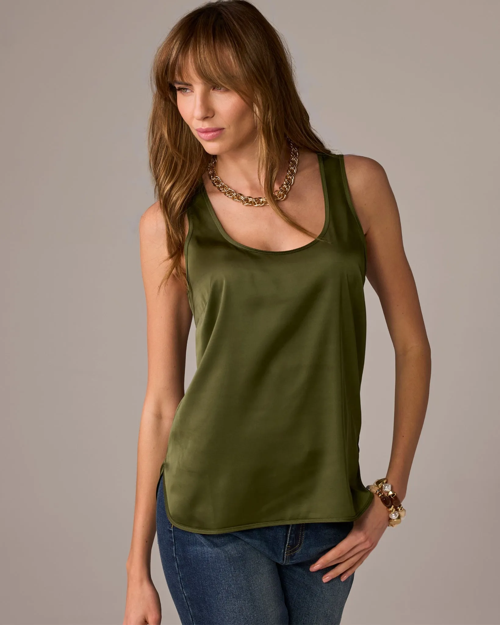 Samantha Scoop Neck Charmeuse Blouse Bronze Green sold by Boston Proper