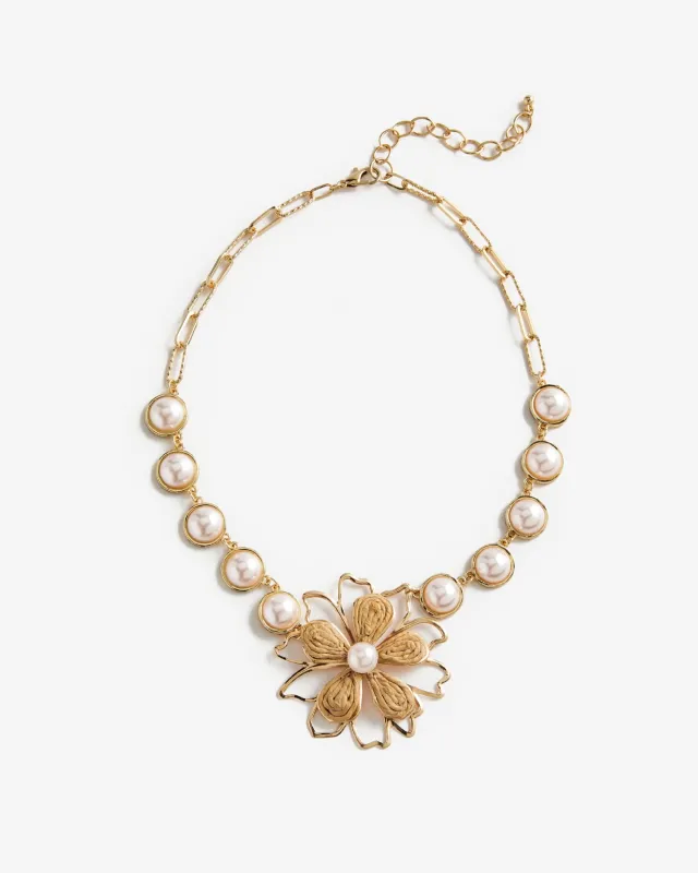Pearl Raffia Flower Statement Necklace Gold/White made by Boston Proper