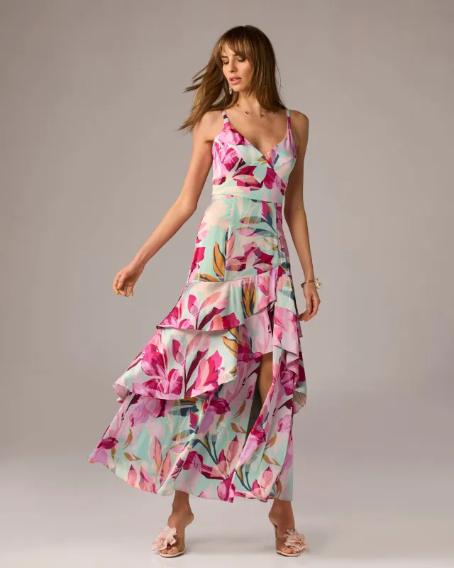 Ruffle Slit Printed Maxi Dress Multi made by Hutch