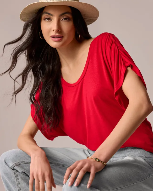 Ruched Sleeve T Shirt Tomato Red made by Boston Proper