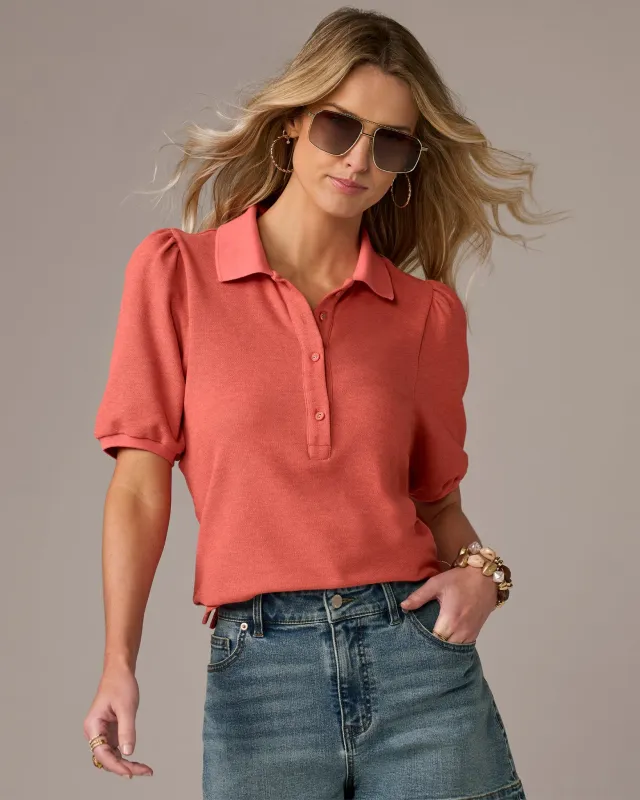 Puff Sleeve Pique Polo Shirt Shell Pink made by Boston Proper