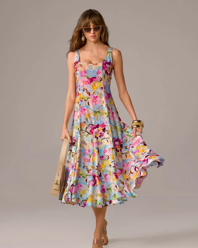 Printed Square Neck Midi Dress Floral Swirls made by Boston Proper