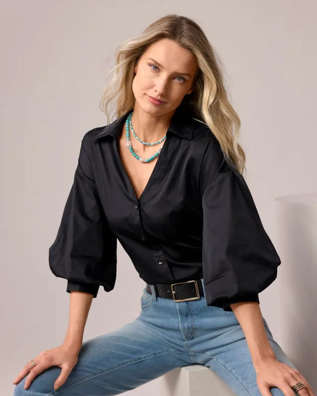 Poplin Puff Sleeve Button Up Shirt Black made by Boston Proper