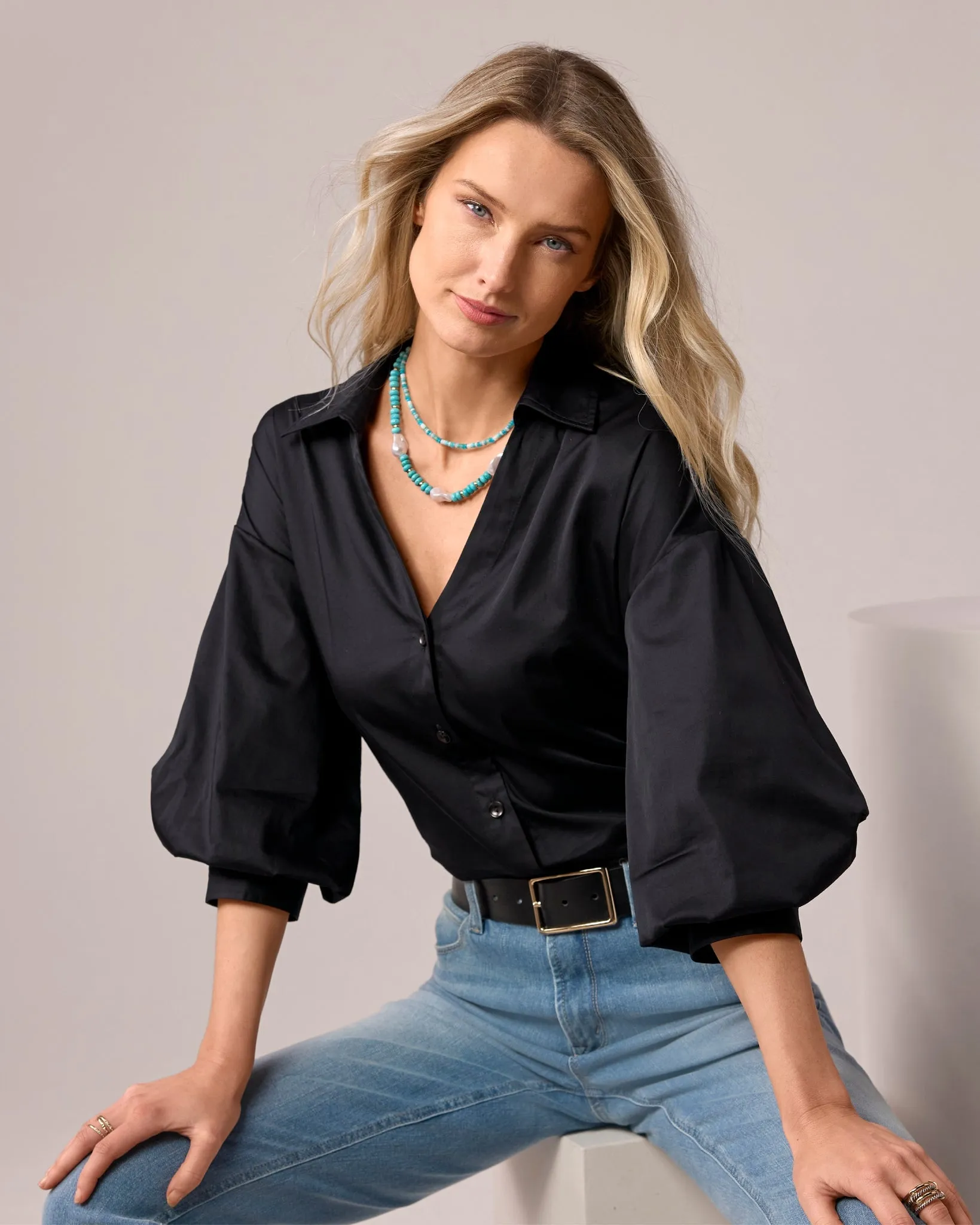 Poplin Puff Sleeve Button Up Shirt Black sold by Boston Proper