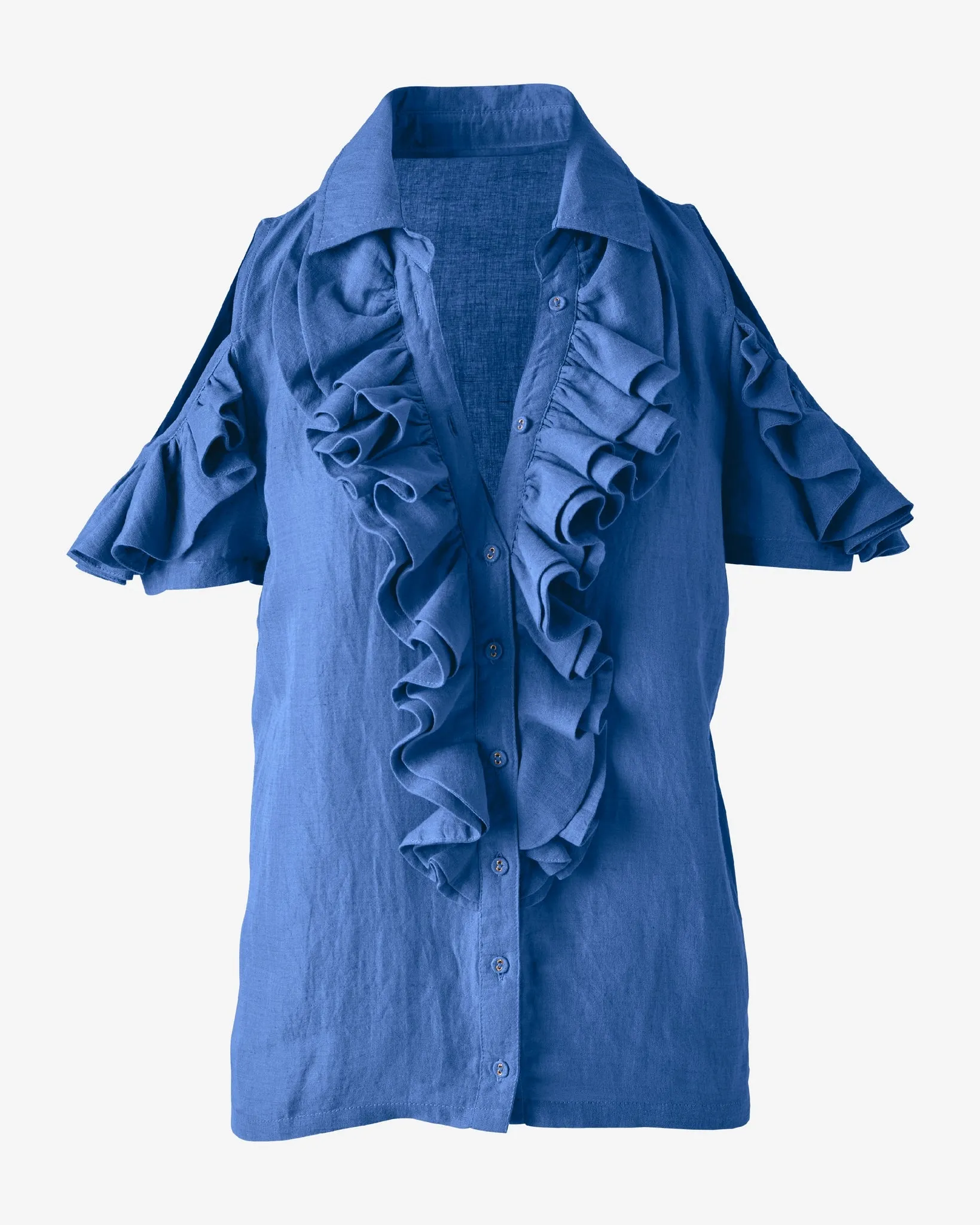 Linen Ruffle Cold Shoulder Collared Blouse Blue sold by Boston Proper product image thumbnail 2