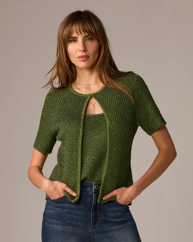 Sequin and Metallic Short Sleeve Cardigan & Tank Set Metallic Bronze Green made by Boston Proper