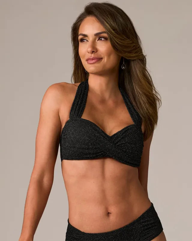 Swim Sense Metallic Crochet Bikini Top Black made by Carmen Marc Valvo