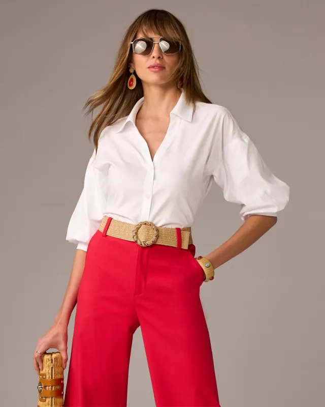 Poplin Puff Sleeve Button Up Shirt Pure White made by Boston Proper
